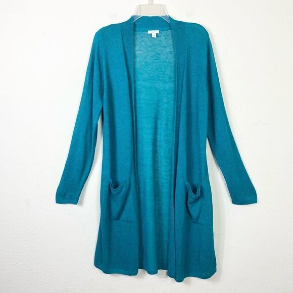 J. Jill Aqua Blue Open Knit Open Face Long Cardigan Sweater with Pockets Size M - Picture 1 of 5